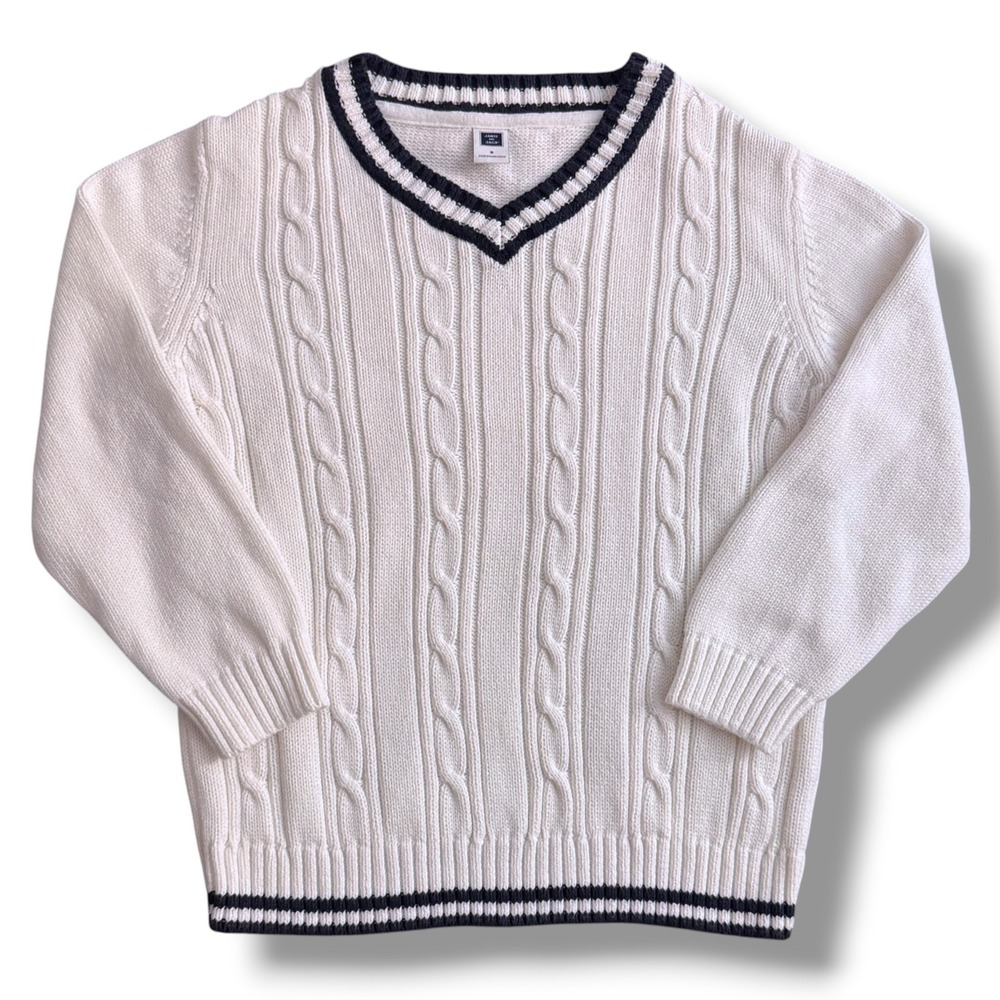 Janie and Jack Sweater Boy 5 White Cable Knit Preppy V-Neck Tipped Trim